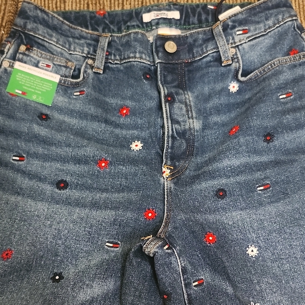 Tommy Hilfiger Blue Straight Leg Jeans with Embroidered Details